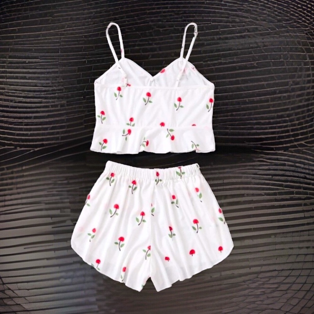 2pc Sweet Cherry Deep VNeck Crop Cami Ruffle Trim Top & Short Soft PJs Outfit